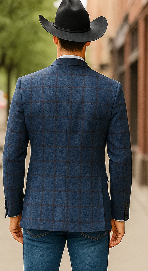 Saco vaquero - Western Sport Coat - Western Blazer - Mens Slim Fit Half Canvas Patch Pocket Summer Cotton Blazer In Navy Blue Windowpane Plaid - Image 3