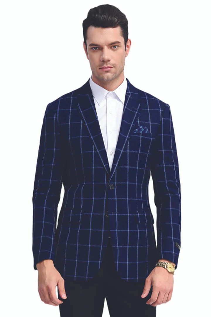 Saco vaquero - Western Sport Coat - Western Blazer- Men's Slim Fit Two Button Chalk Bold Windowpane Sport Coat In Navy Blue - Image 2