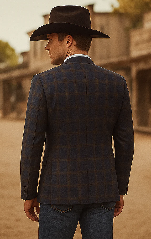 Saco vaquero - Western Sport Coat - Western Blazer - Mens Slim Fit Two Button Sport Coat Blazer In Navy Blue & Gold Windowpane Plaid - Image 10