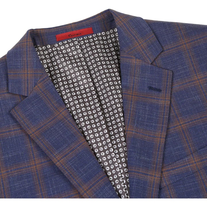 Saco vaquero - Western Sport Coat - Western Blazer - Mens Slim Fit Two Button Sport Coat Blazer In Navy Blue & Gold Windowpane Plaid - Image 4