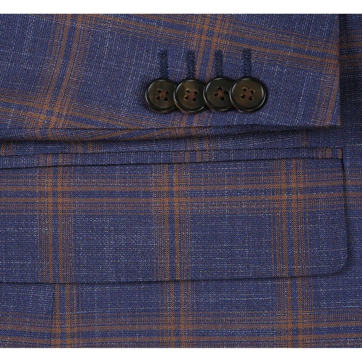 Saco vaquero - Western Sport Coat - Western Blazer - Mens Slim Fit Two Button Sport Coat Blazer In Navy Blue & Gold Windowpane Plaid - Image 5