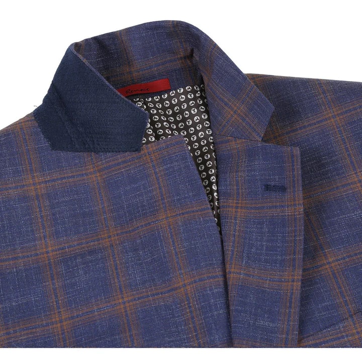 Saco vaquero - Western Sport Coat - Western Blazer - Mens Slim Fit Two Button Sport Coat Blazer In Navy Blue & Gold Windowpane Plaid - Image 6