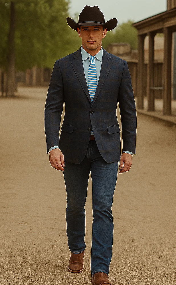 Saco vaquero - Western Sport Coat - Western Blazer - Mens Slim Fit Two Button Sport Coat Blazer In Navy Blue & Gold Windowpane Plaid - Image 8
