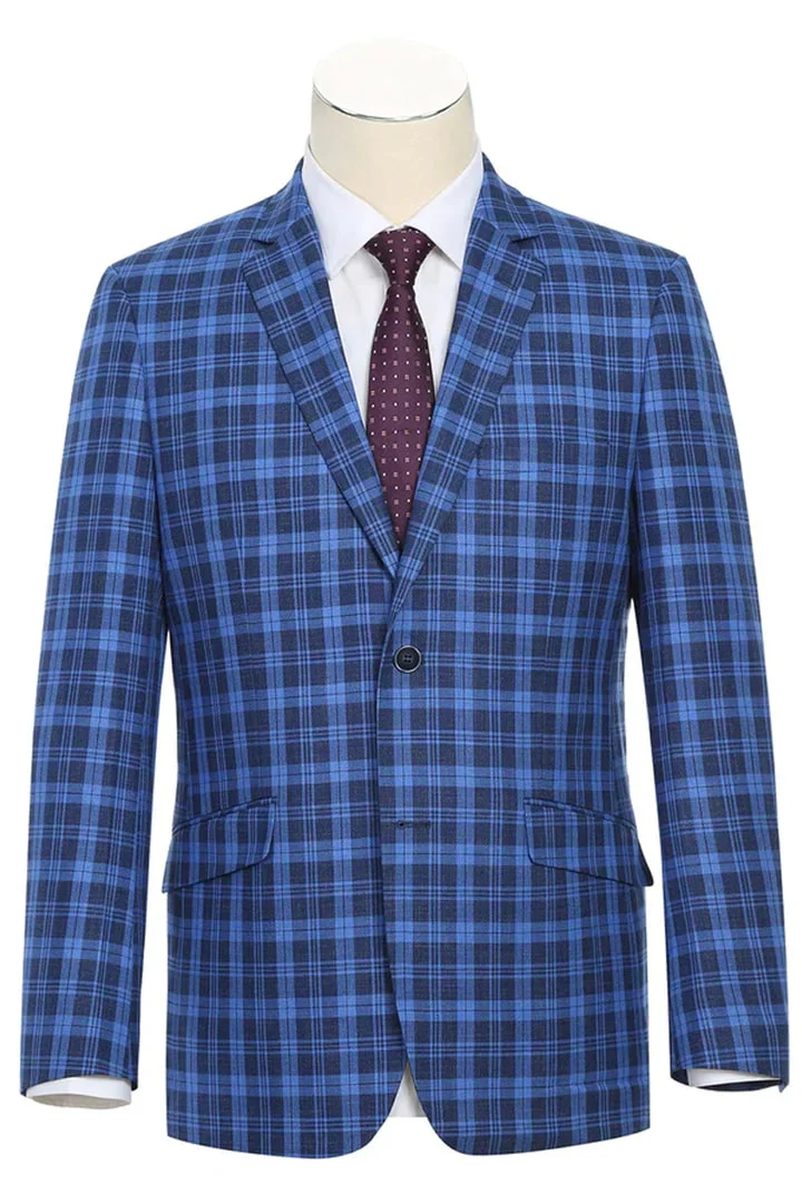 Saco vaquero - Western Sport Coat - Western Blazer - Mens Slim Fit Two Button Sport Coat Blazer In Royal & Navy Blue Windowpane Plaid - Image 2
