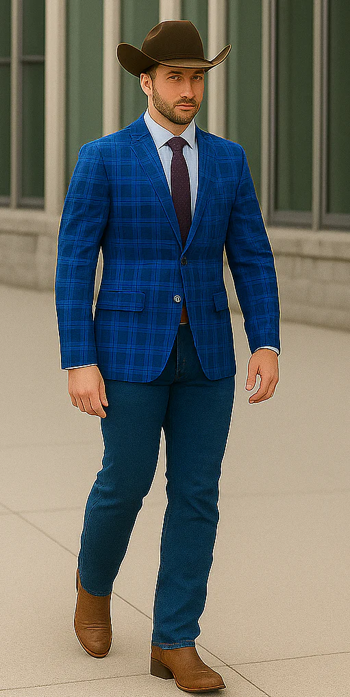 Saco vaquero - Western Sport Coat - Western Blazer - Mens Slim Fit Two Button Sport Coat Blazer In Royal & Navy Blue Windowpane Plaid - Image 3