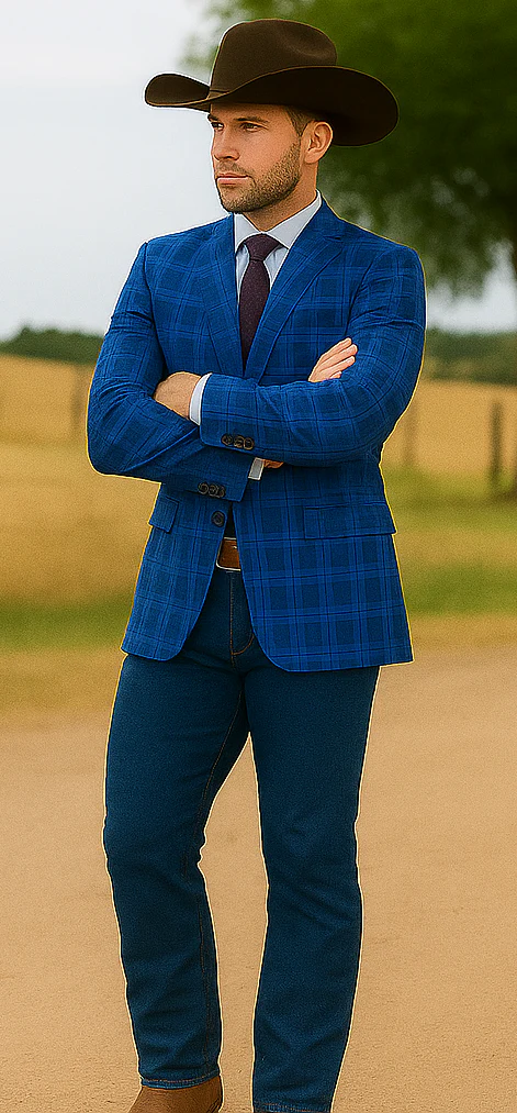 Saco vaquero - Western Sport Coat - Western Blazer - Mens Slim Fit Two Button Sport Coat Blazer In Royal & Navy Blue Windowpane Plaid - Image 4