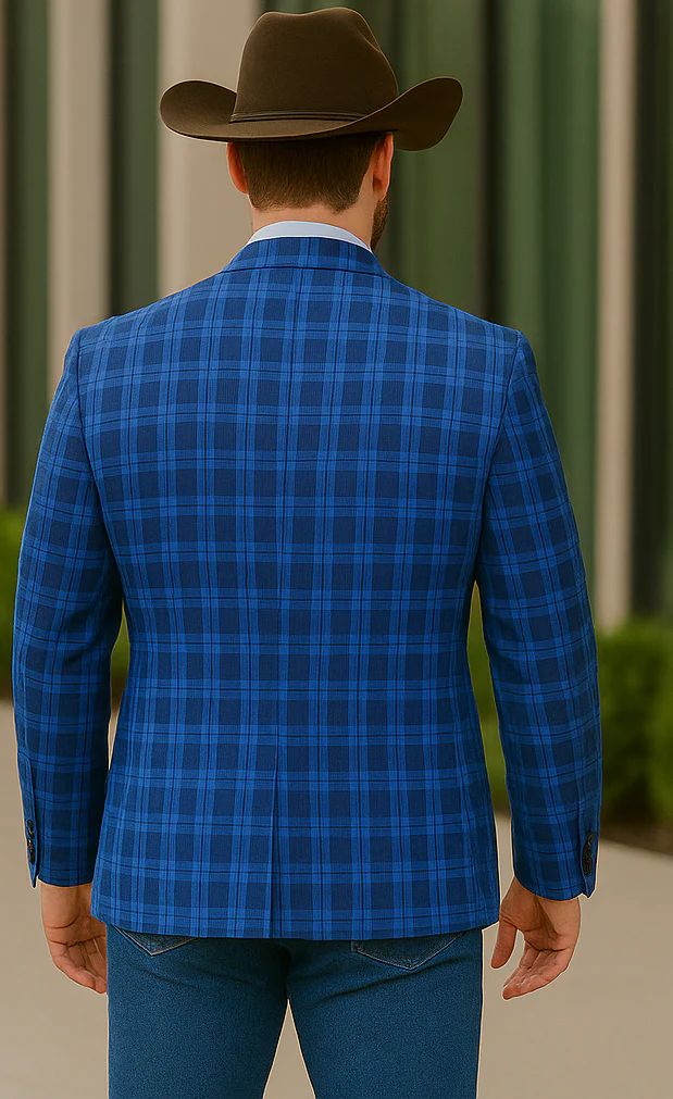 Saco vaquero - Western Sport Coat - Western Blazer - Mens Slim Fit Two Button Sport Coat Blazer In Royal & Navy Blue Windowpane Plaid - Image 5