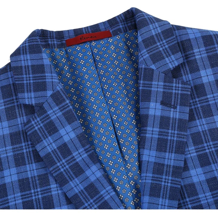Saco vaquero - Western Sport Coat - Western Blazer - Mens Slim Fit Two Button Sport Coat Blazer In Royal & Navy Blue Windowpane Plaid - Image 7