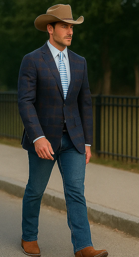 Saco vaquero - Western Sport Coat - Western Blazer - Mens Slim Fit Two Button Sport Coat Blazer Navy Blue & Gold Windowpane Plaid - Image 3