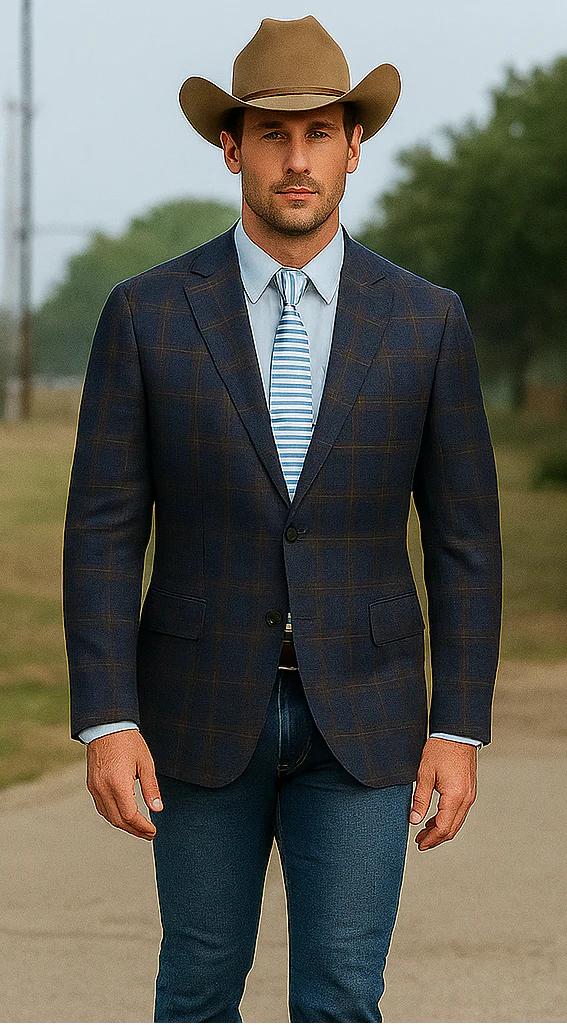 Saco vaquero - Western Sport Coat - Western Blazer - Mens Slim Fit Two Button Sport Coat Blazer Navy Blue & Gold Windowpane Plaid - Image 4