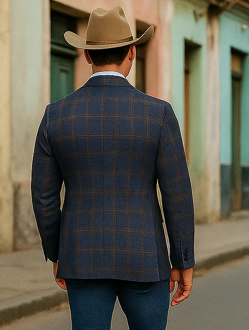 Saco vaquero - Western Sport Coat - Western Blazer - Mens Slim Fit Two Button Sport Coat Blazer Navy Blue & Gold Windowpane Plaid - Image 5