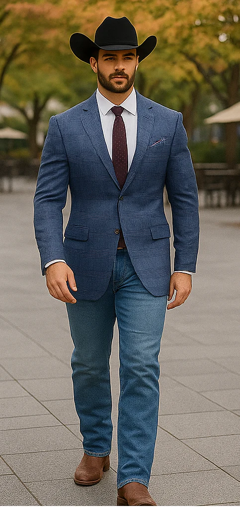 Saco vaquero - Western Sport Coat - Western Blazer- Mens Slim Fit Two Button Summer Linen Sport Coat Blazer In Navy Blue Windowpane Plaid - Image 3