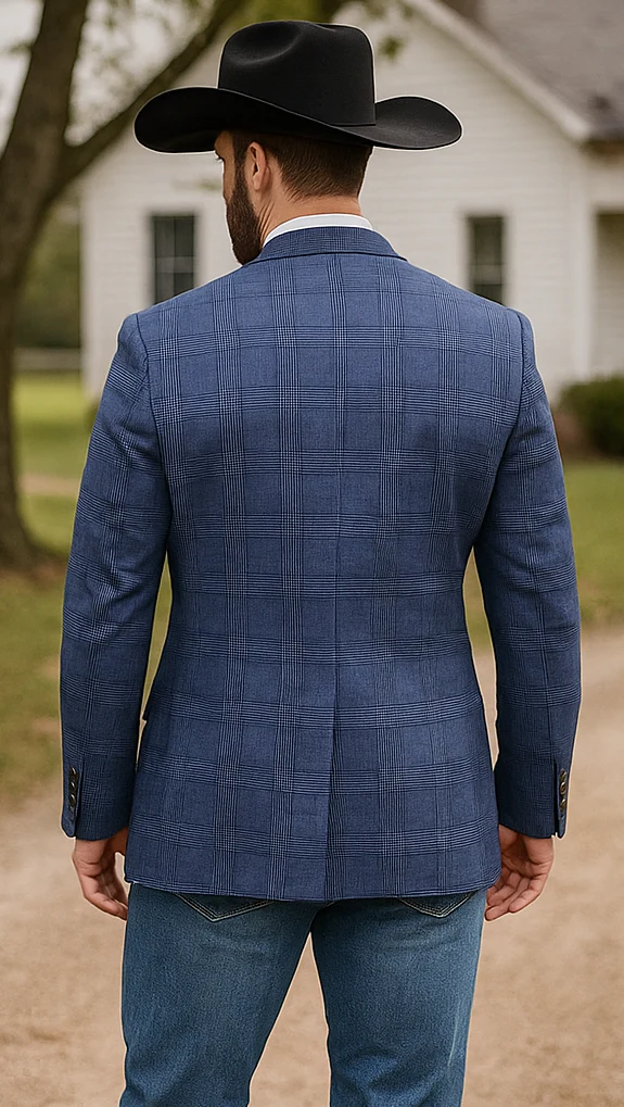 Saco vaquero - Western Sport Coat - Western Blazer- Mens Slim Fit Two Button Summer Linen Sport Coat Blazer In Navy Blue Windowpane Plaid - Image 4