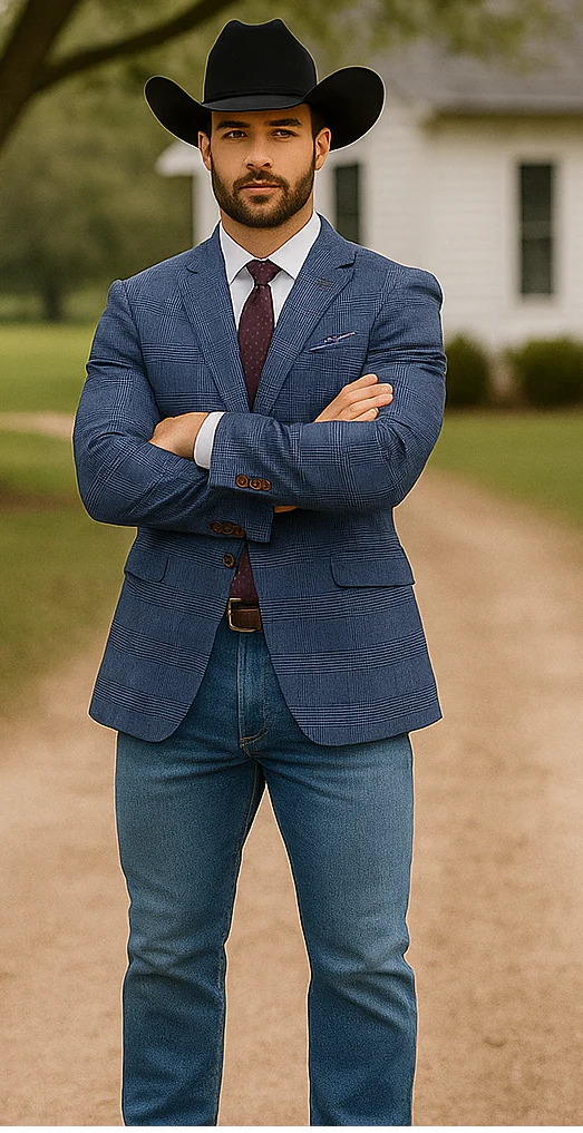 Saco vaquero - Western Sport Coat - Western Blazer- Mens Slim Fit Two Button Summer Linen Sport Coat Blazer In Navy Blue Windowpane Plaid - Image 5