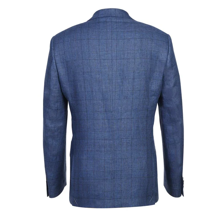 Saco vaquero - Western Sport Coat - Western Blazer- Mens Slim Fit Two Button Summer Linen Sport Coat Blazer In Navy Blue Windowpane Plaid - Image 6