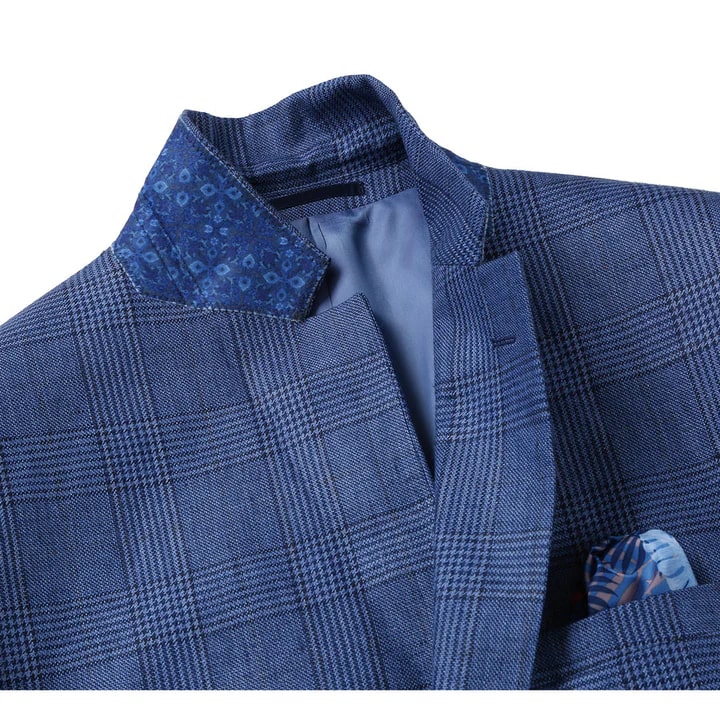 Saco vaquero - Western Sport Coat - Western Blazer- Mens Slim Fit Two Button Summer Linen Sport Coat Blazer In Navy Blue Windowpane Plaid - Image 8