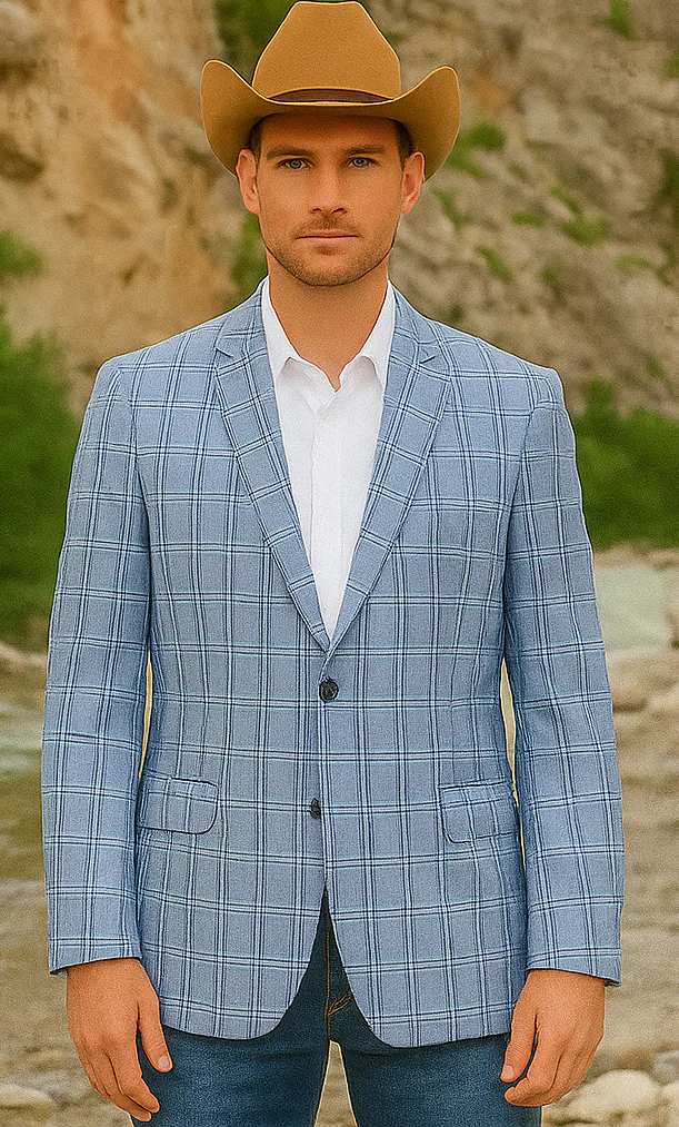 Saco vaquero - Western Sport Coat - Western Blazer- Men's Two Button Business Casual Double Windowpane Navy Blue Sport Coat