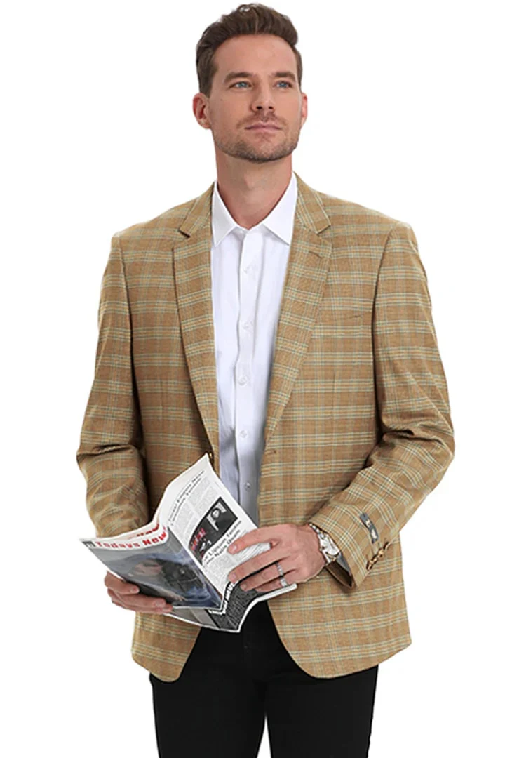 Saco vaquero - Western Sport Coat - Western Blazer- Men's Two Button Business Casual Double Windowpane Sport Coat In Camel & Teal - Image 2
