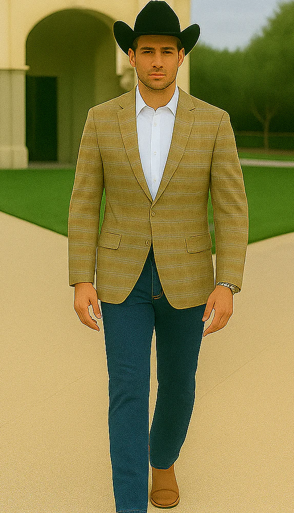 Saco vaquero - Western Sport Coat - Western Blazer- Men's Two Button Business Casual Double Windowpane Sport Coat In Camel & Teal - Image 5