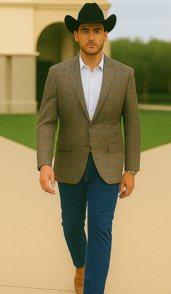 Saco vaquero - Western Sport Coat - Western Blazer- Men's Two Button Business Casual Double Windowpane Sport Coat In Dark Camel Bronze & Teal - Image 4