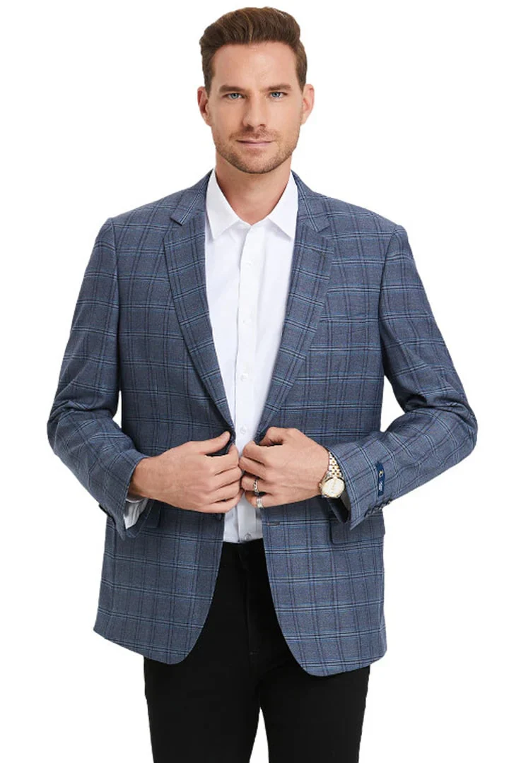 Saco vaquero - Western Sport Coat - Western Blazer- Men's Two Button Business Casual Double Windowpane Sport Coat In Light Blue - Image 2