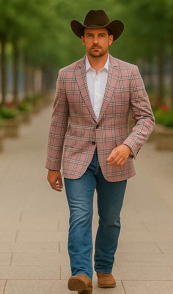 Saco vaquero - Western Sport Coat - Western Blazer - Men's Two Button Business Casual Double Windowpane Sport Coat In Rose Pink - Image 3