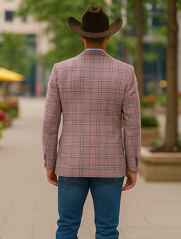 Saco vaquero - Western Sport Coat - Western Blazer - Men's Two Button Business Casual Double Windowpane Sport Coat In Rose Pink - Image 4