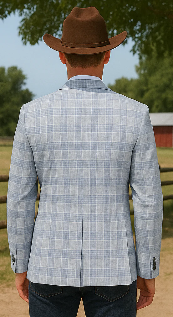 Saco vaquero - Western Sport Coat - Western Blazer - Men's Two Button Business Casual Glen Plaid Sports Coat In Grey & Blue - Image 4