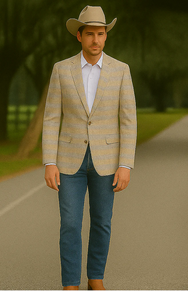 Saco vaquero - Western Sport Coat - Western Blazer- Men's Two Button Business Casual Glen Plaid Sports Coat In Tan & Blue - Image 3