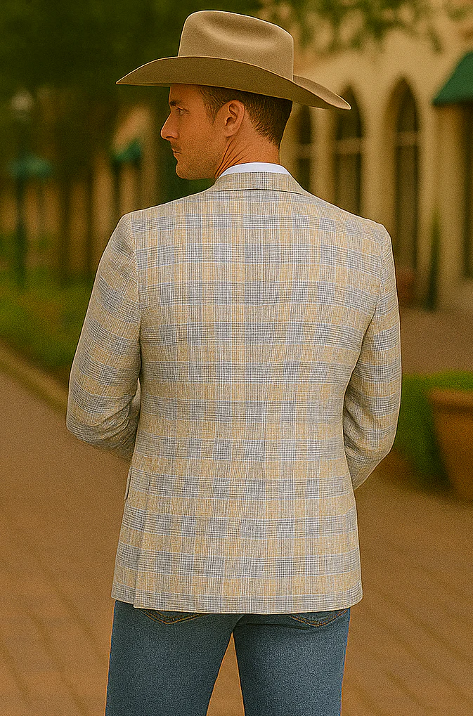 Saco vaquero - Western Sport Coat - Western Blazer- Men's Two Button Business Casual Glen Plaid Sports Coat In Tan & Blue - Image 4