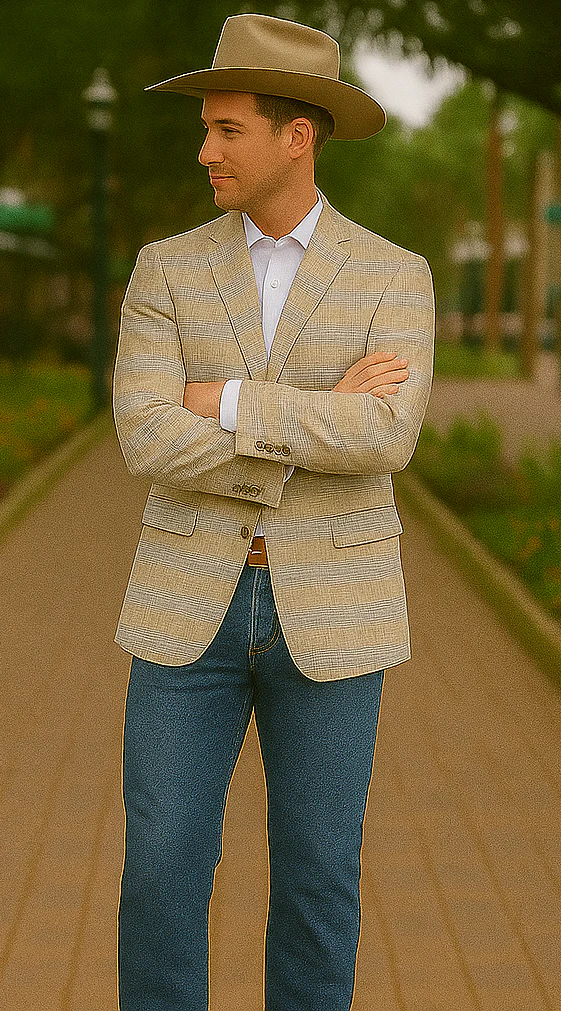 Saco vaquero - Western Sport Coat - Western Blazer- Men's Two Button Business Casual Glen Plaid Sports Coat In Tan & Blue - Image 5