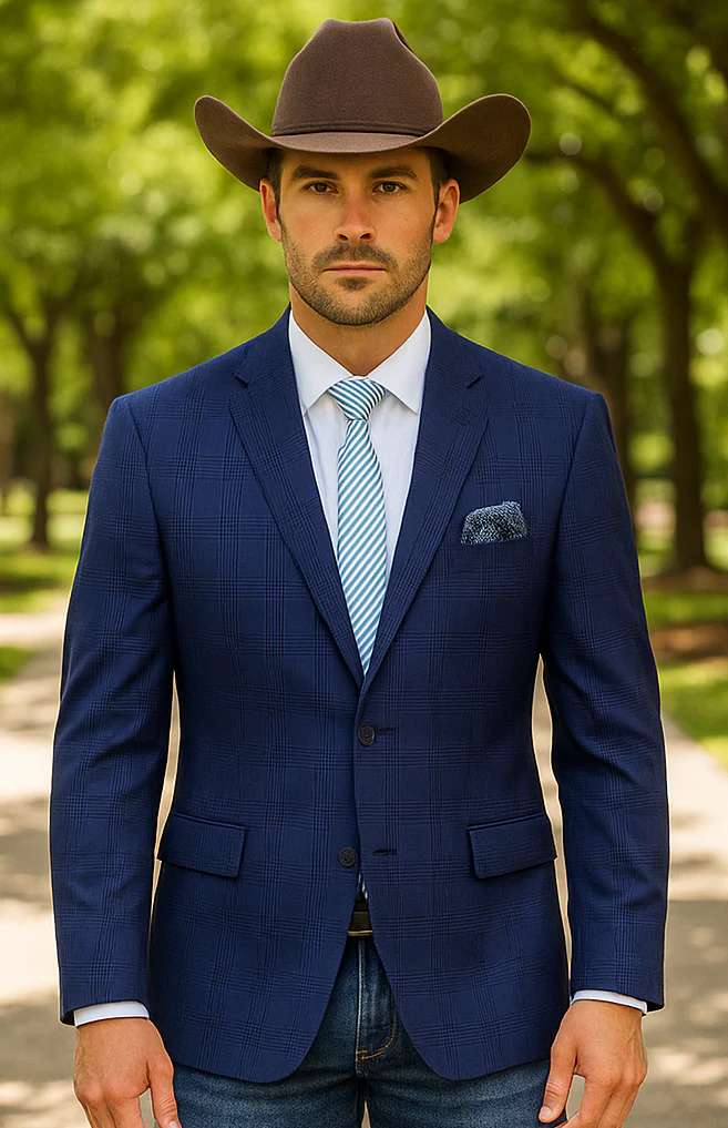 Saco vaquero - Western Sport Coat - Western Blazer - Mens Two Button Classic Fit Sport Coat Blazer In Dark Navy Blue Windowpane Plaid