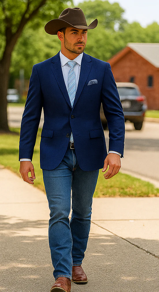Saco vaquero - Western Sport Coat - Western Blazer - Mens Two Button Classic Fit Sport Coat Blazer In Dark Navy Blue Windowpane Plaid - Image 3