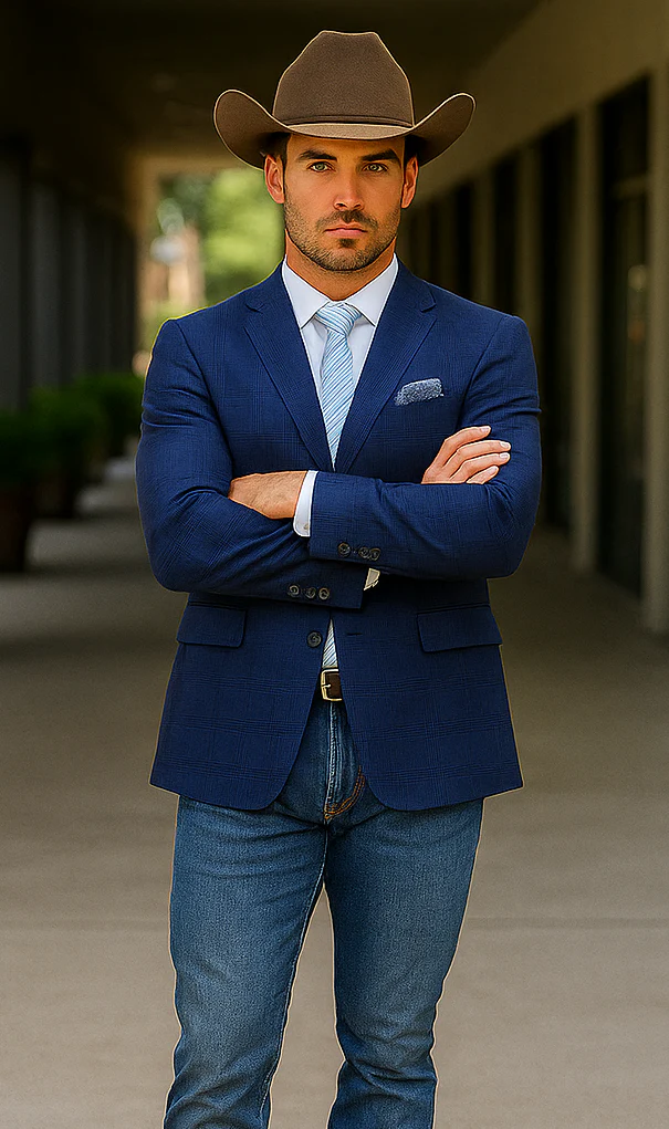 Saco vaquero - Western Sport Coat - Western Blazer - Mens Two Button Classic Fit Sport Coat Blazer In Dark Navy Blue Windowpane Plaid - Image 4