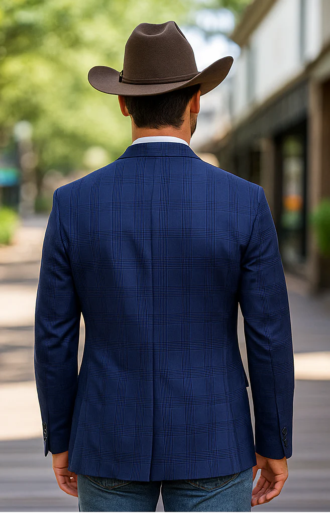 Saco vaquero - Western Sport Coat - Western Blazer - Mens Two Button Classic Fit Sport Coat Blazer In Dark Navy Blue Windowpane Plaid - Image 5