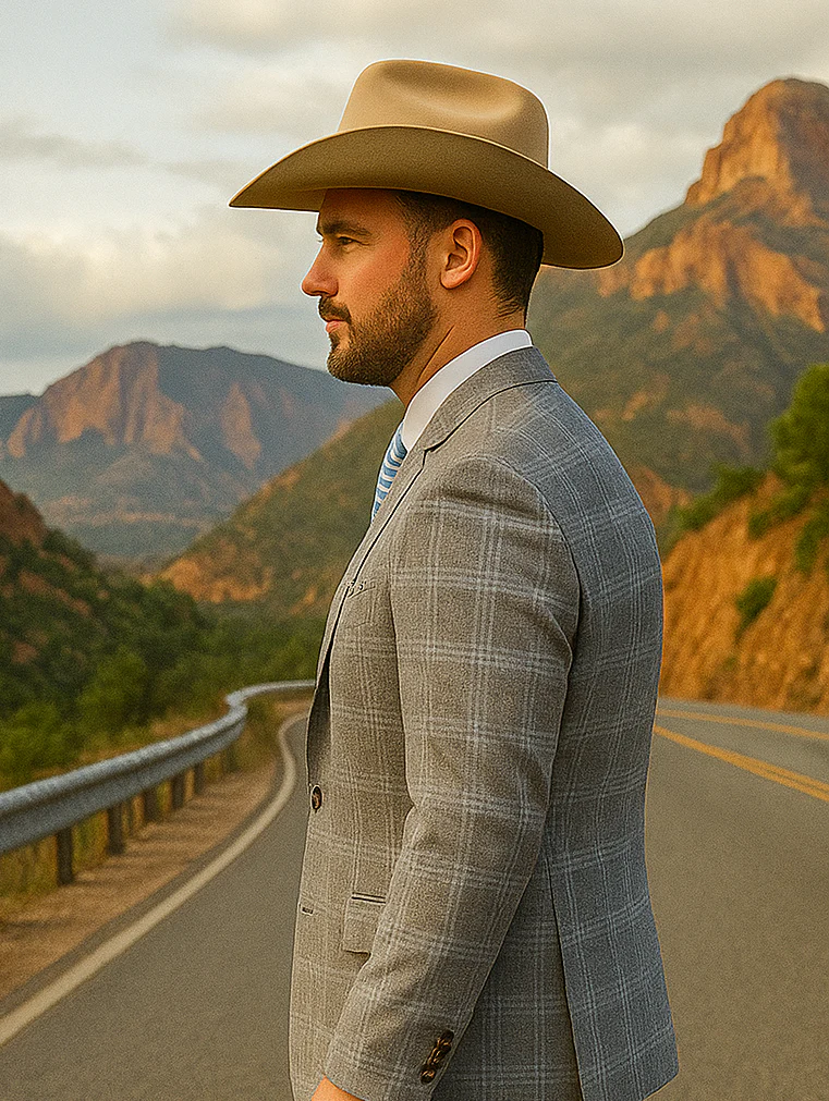Saco vaquero - Western Sport Coat - Western Blazer - Mens Two Button Classic Fit Sport Coat Blazer In Grey Tan Windowpane Plaid - Image 8