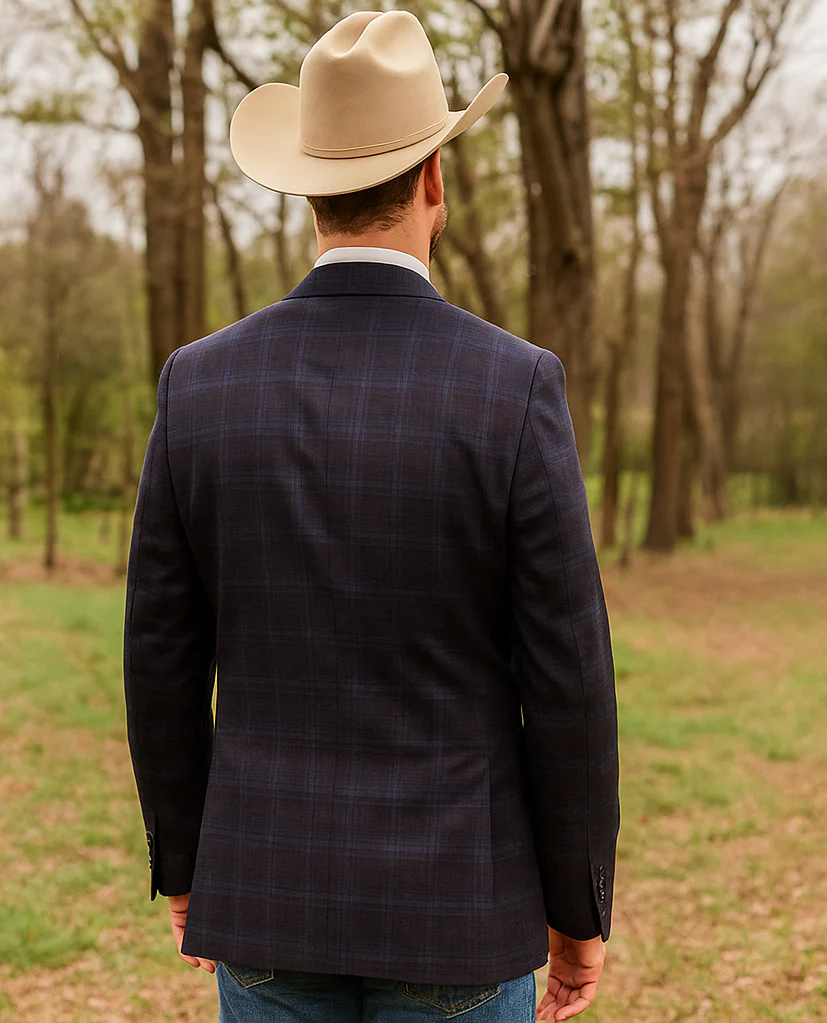 Saco vaquero - Western Sport Coat - Western Blazer- Mens Two Button Classic Wool Stretch Sport Coat Blazer In Dark Navy Blue Windowpane Plaid - Image 7