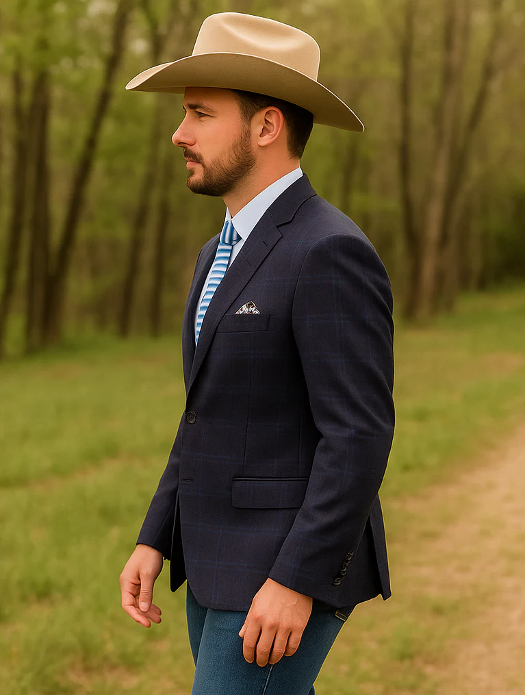 Saco vaquero - Western Sport Coat - Western Blazer- Mens Two Button Classic Wool Stretch Sport Coat Blazer In Dark Navy Blue Windowpane Plaid - Image 8