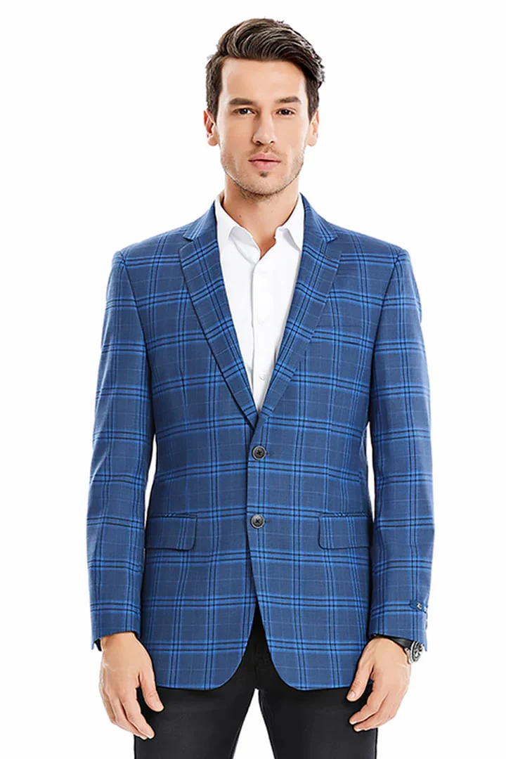 Saco vaquero - Western Sport Coat - Western Blazer - Men's Two Button Regular Fit Double Windowpane Plaid Blazer In Dark Blue - Image 2