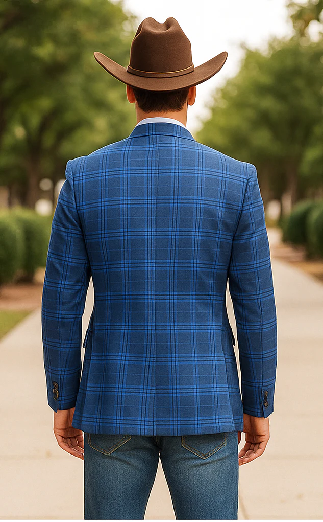 Saco vaquero - Western Sport Coat - Western Blazer - Men's Two Button Regular Fit Double Windowpane Plaid Blazer In Dark Blue - Image 3