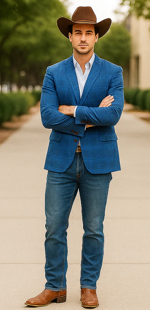 Saco vaquero - Western Sport Coat - Western Blazer - Men's Two Button Regular Fit Double Windowpane Plaid Blazer In Dark Blue - Image 4
