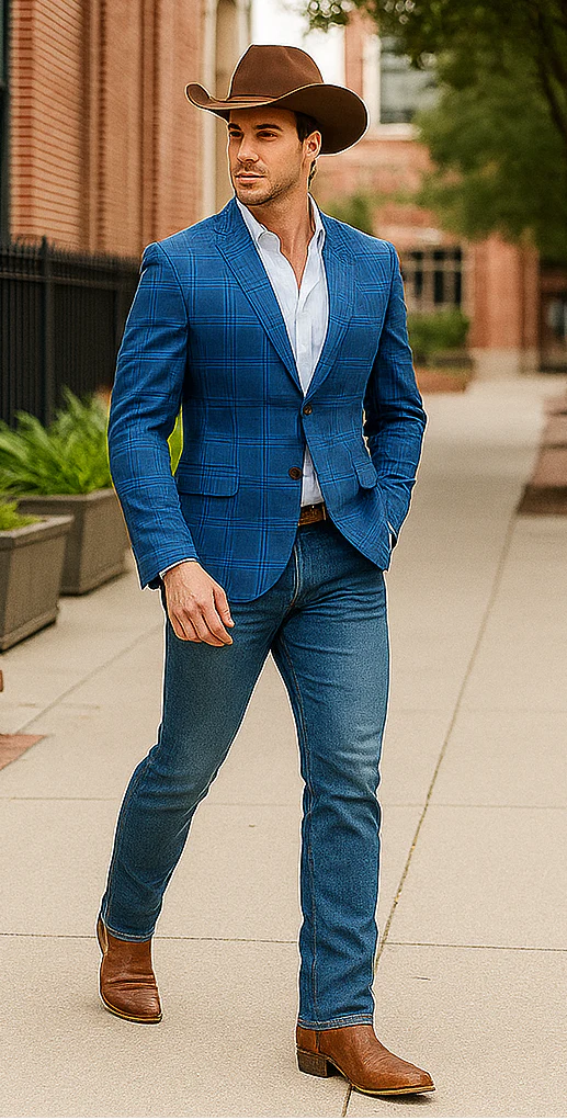 Saco vaquero - Western Sport Coat - Western Blazer - Men's Two Button Regular Fit Double Windowpane Plaid Blazer In Dark Blue - Image 5