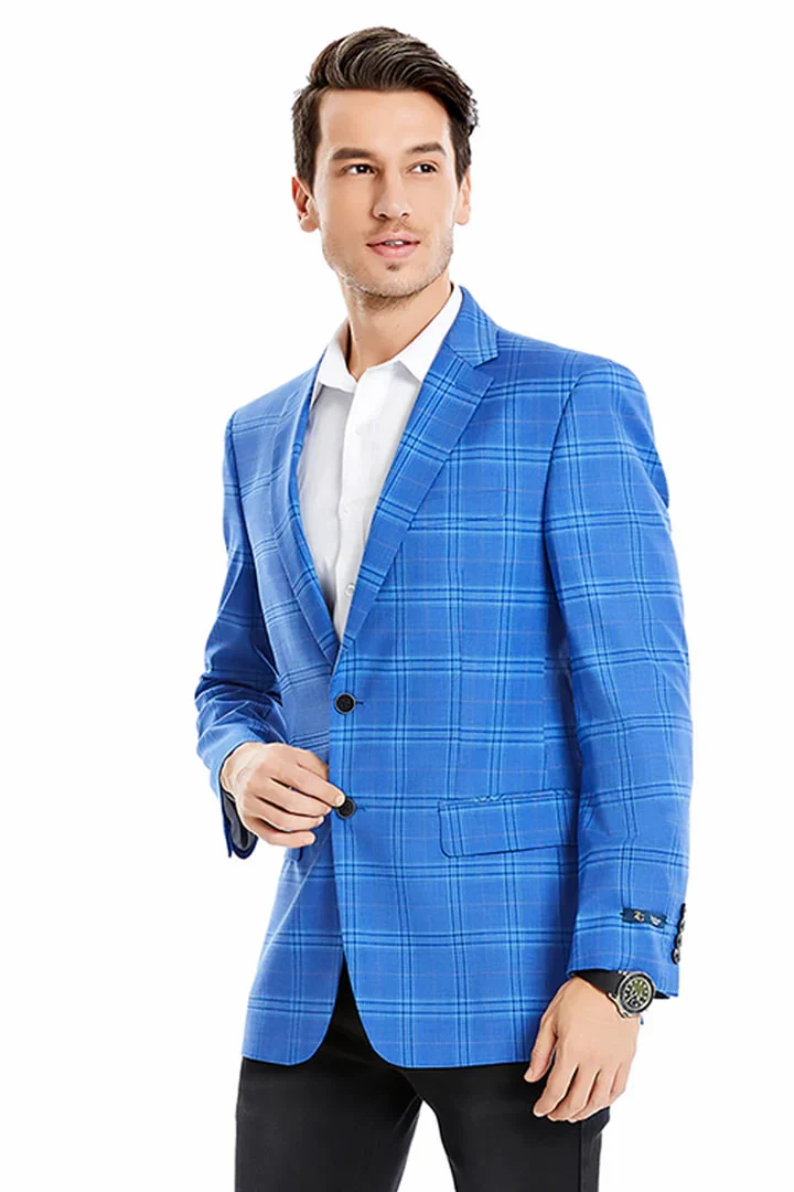 Saco vaquero - Western Sport Coat - Western Blazer - Men's Two Button Regular Fit Light Blue Double Windowpane Plaid Blazer - Image 2