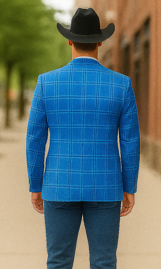 Saco vaquero - Western Sport Coat - Western Blazer - Men's Two Button Regular Fit Light Blue Double Windowpane Plaid Blazer - Image 4