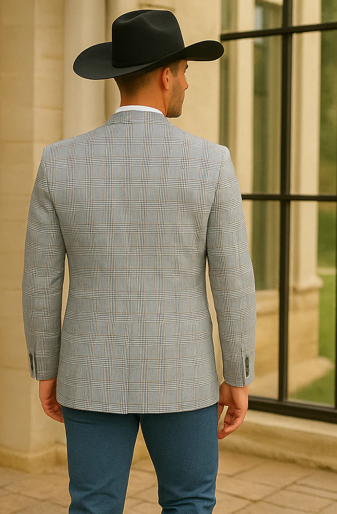 Saco vaquero - Western Sport Coat - Western Blazer- Men's Two Button Regular Fit Sport Coat In Blue & Tan Windowpane Plaid - Image 3