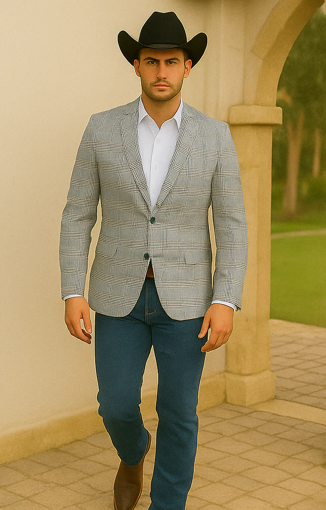 Saco vaquero - Western Sport Coat - Western Blazer- Men's Two Button Regular Fit Sport Coat In Blue & Tan Windowpane Plaid - Image 4