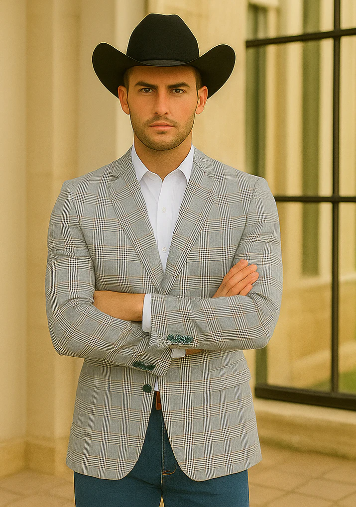 Saco vaquero - Western Sport Coat - Western Blazer- Men's Two Button Regular Fit Sport Coat In Blue & Tan Windowpane Plaid - Image 5