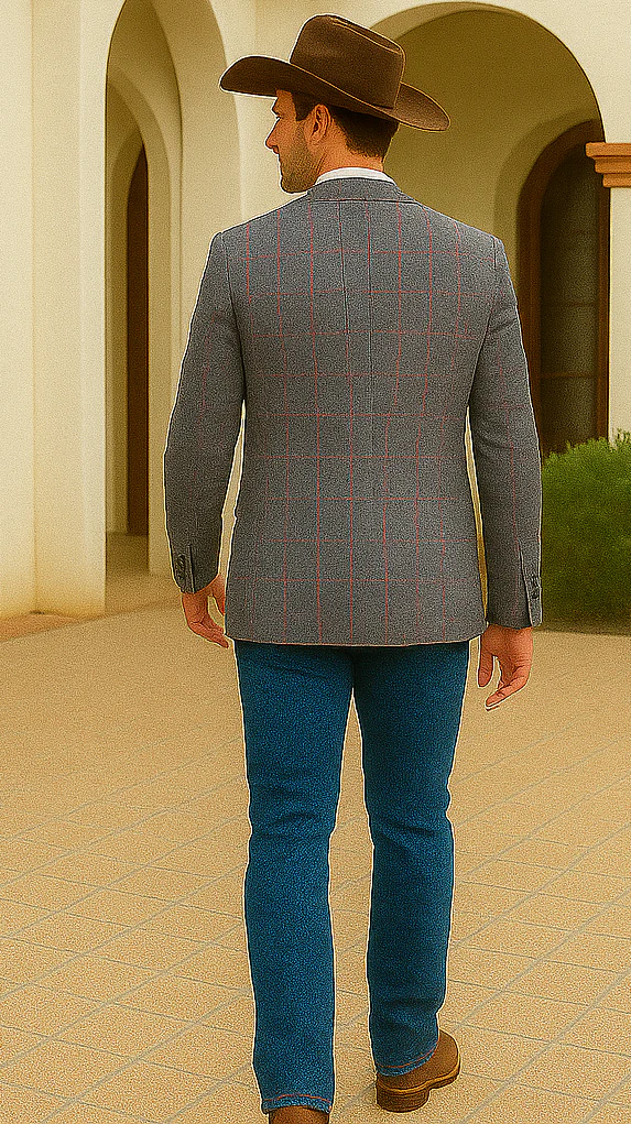 Saco vaquero - Western Sport Coat - Western Blazer- Men's Two Button Regular Fit Sport Coat In Charcoal Grey With Blue & Pink Windowpane Plaid - Image 5