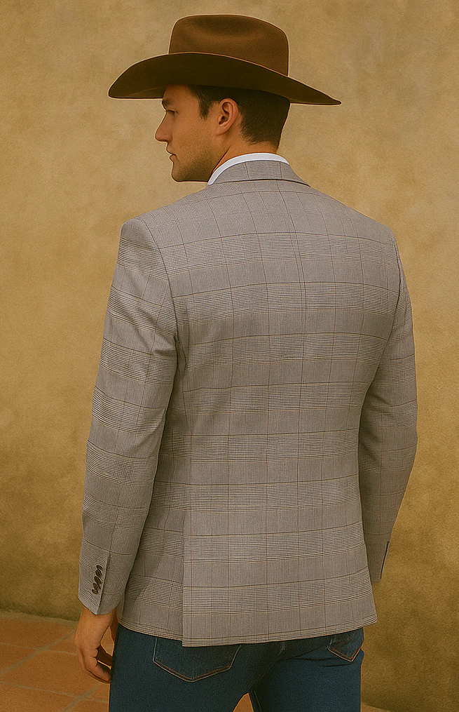 Saco vaquero - Western Sport Coat - Western Blazer- Men's Two Button Regular Fit Sport Coat In Grey & Bronze Windowpane Plaid - Image 3