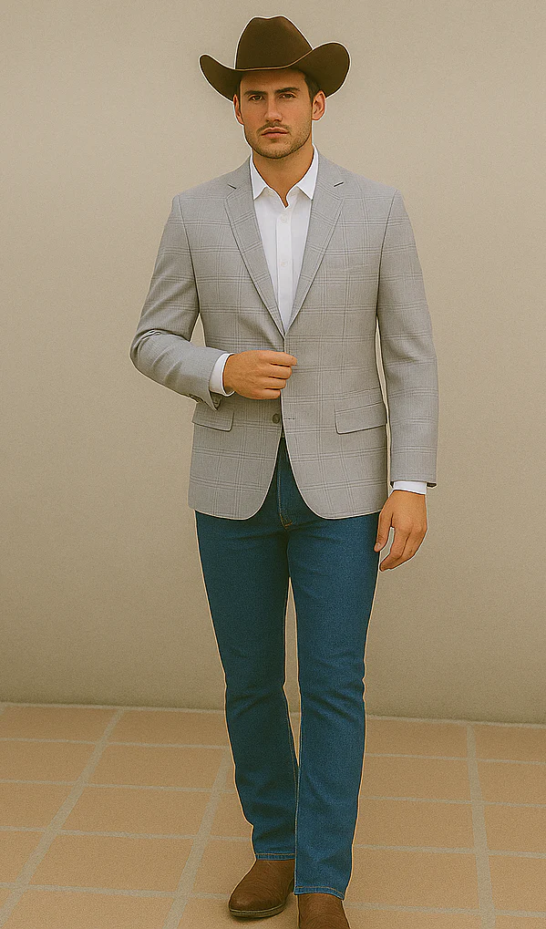Saco vaquero - Western Sport Coat - Western Blazer- Men's Two Button Regular Fit Sport Coat In Grey & Bronze Windowpane Plaid - Image 4